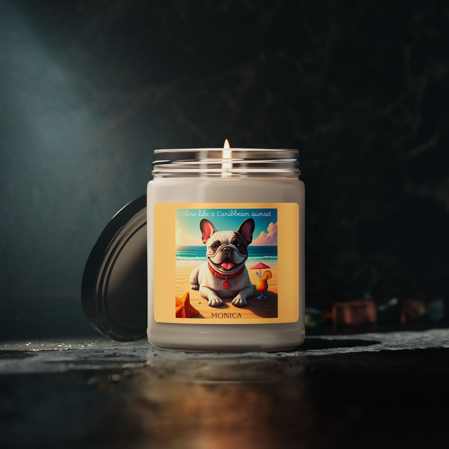 Personalized French Bulldog Caribbean Sunset Scented Soy Candle